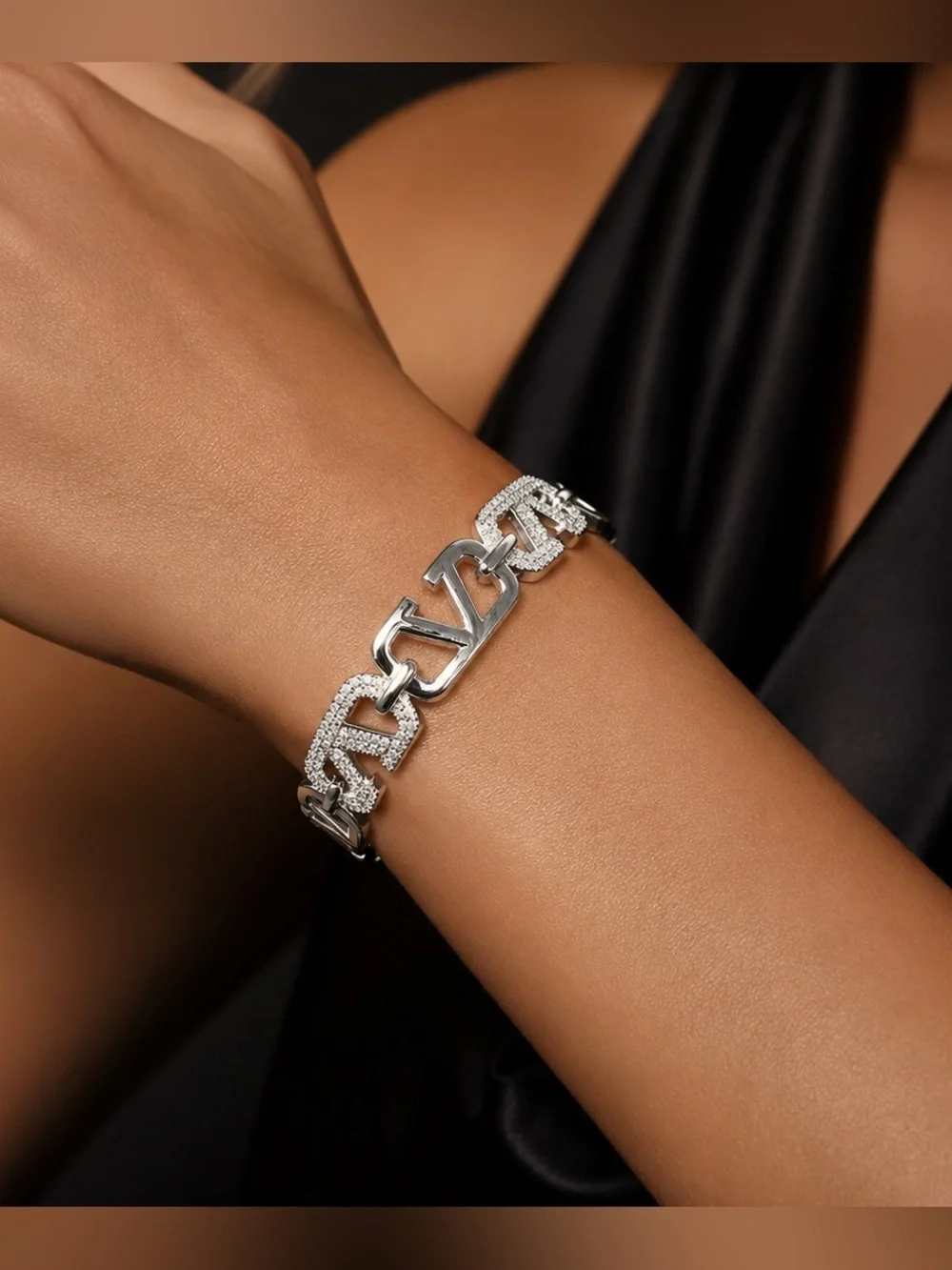 Silver Logo Link Bracelet with Crystal Accents